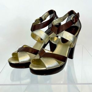 BROWN AND GOLD STRAPPY HEEL